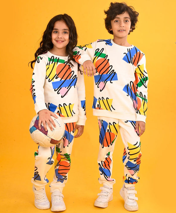 SHAPES PRINT GIRLS SWEATSHIRT FLEECE JOGGER SET - WHITE