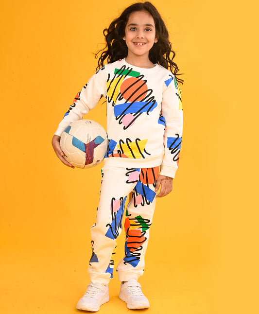 SHAPES PRINT GIRLS SWEATSHIRT FLEECE JOGGER SET - WHITE