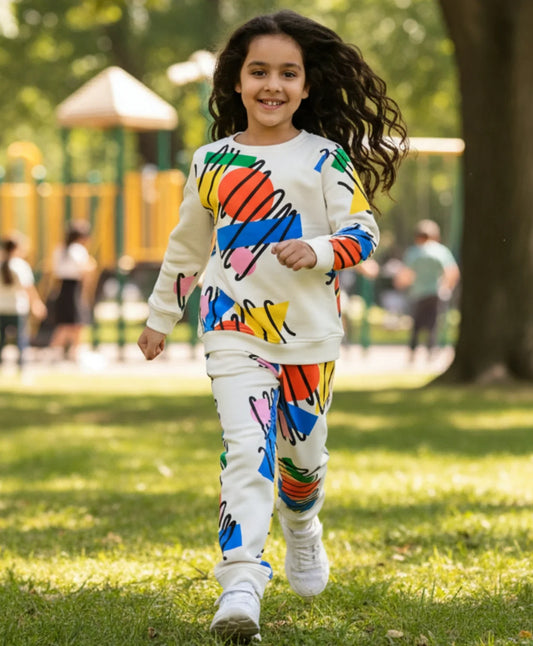 SHAPES PRINT GIRLS SWEATSHIRT FLEECE JOGGER SET - WHITE