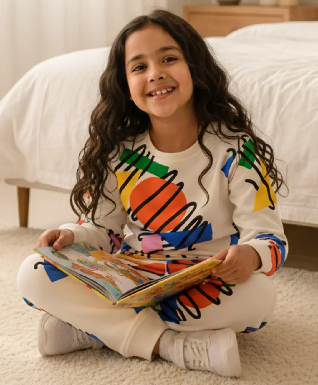 SHAPES PRINT GIRLS SWEATSHIRT FLEECE JOGGER SET - WHITE - Anthrilo 