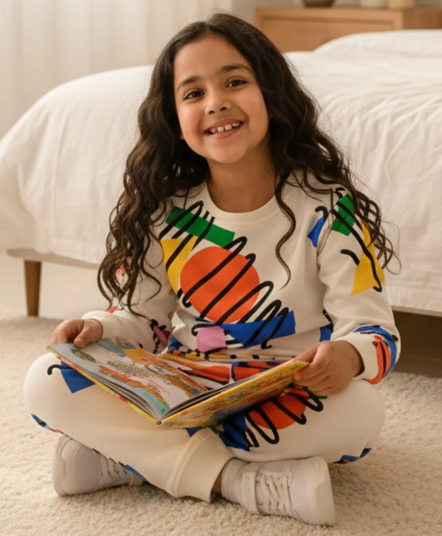 SHAPES PRINT GIRLS SWEATSHIRT FLEECE JOGGER SET - WHITE