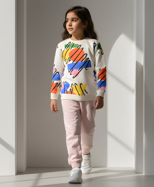 SHAPES PRINT GIRLS SWEATSHIRT PINK HEART FLEECE JOGGER SET - WHITE/PINK