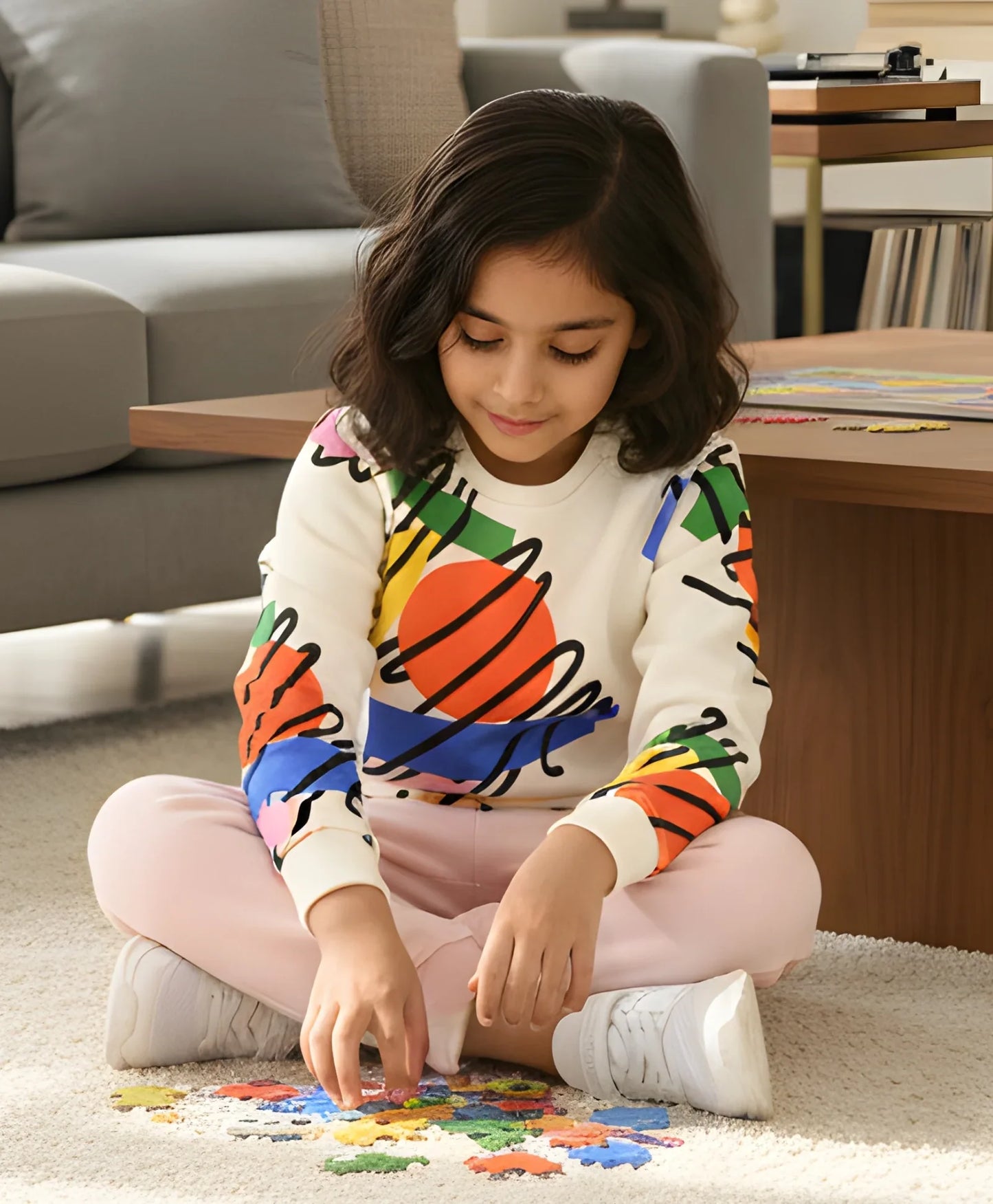 SHAPES PRINT GIRLS SWEATSHIRT PINK HEART FLEECE JOGGER SET - WHITE/PINK