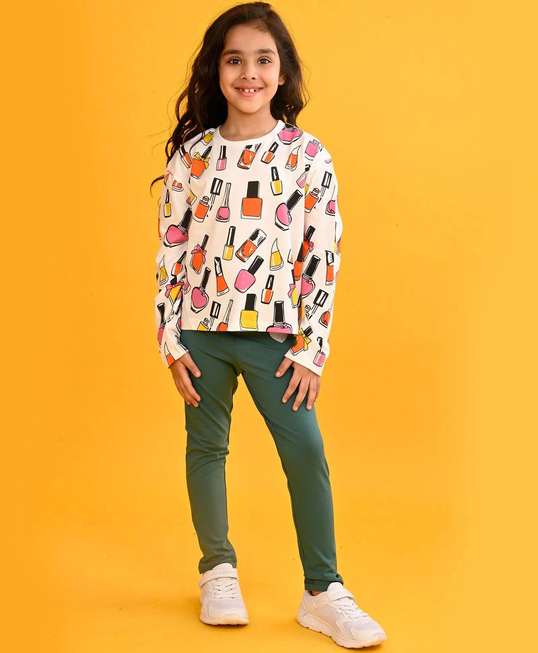 NAIL PAINT LONG SLEEVES GIRLS T-SHIRT GREEN HEART LEGGING SET - WHITE/GREEN - Anthrilo 