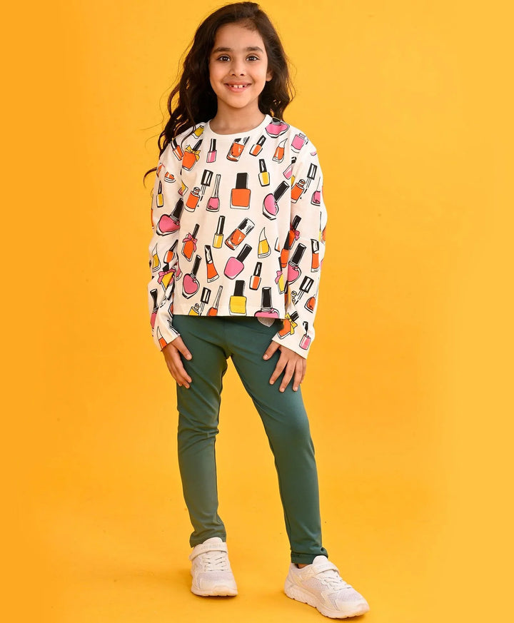 NAIL PAINT LONG SLEEVES GIRLS T-SHIRT GREEN HEART LEGGING SET - WHITE/GREEN - Anthrilo 