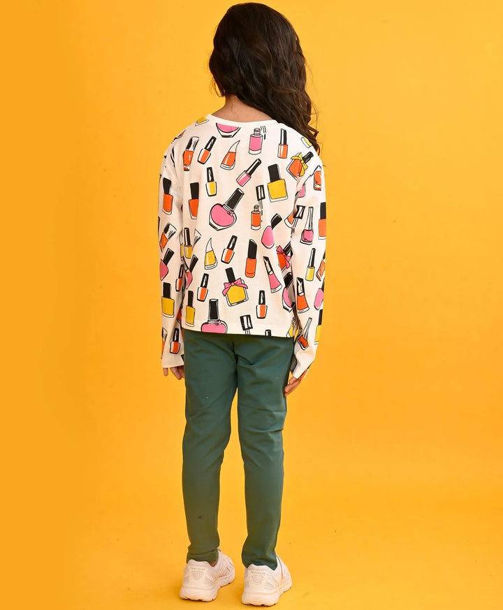 NAIL PAINT LONG SLEEVES GIRLS T-SHIRT GREEN HEART LEGGING SET - WHITE/GREEN - Anthrilo 