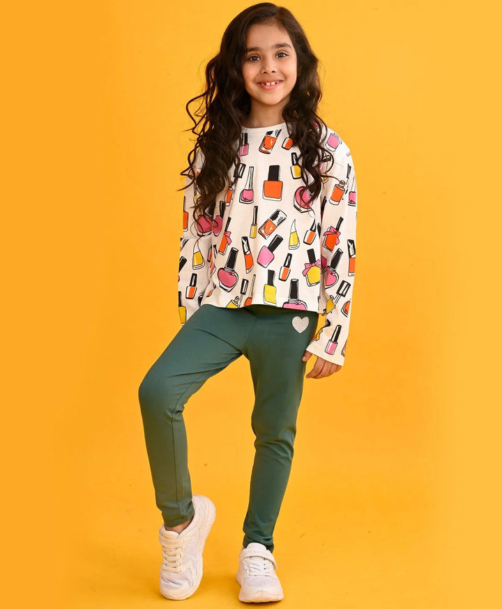 NAIL PAINT LONG SLEEVES GIRLS T-SHIRT GREEN HEART LEGGING SET - WHITE/GREEN - Anthrilo 