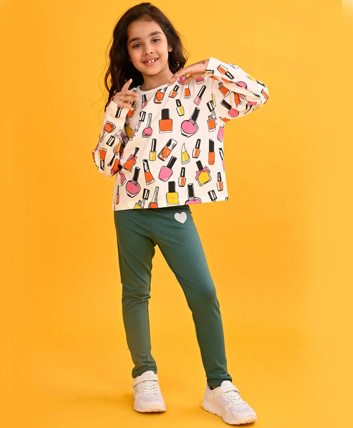 NAIL PAINT LONG SLEEVES GIRLS T-SHIRT GREEN HEART LEGGING SET - WHITE/GREEN - Anthrilo 