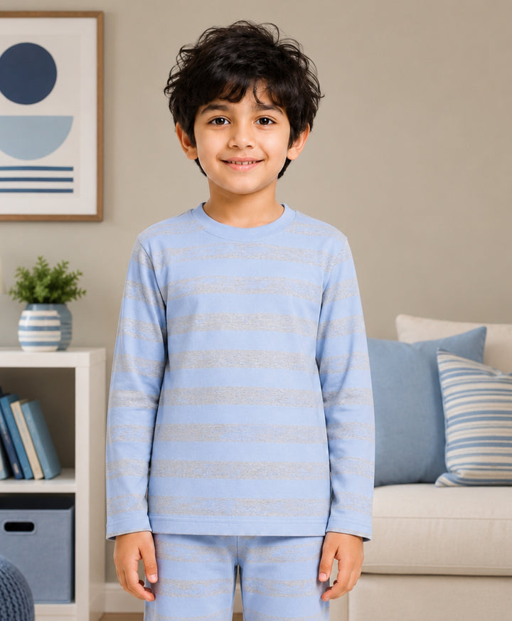 Sky Grey Melange Stripes Boys Long Sleeve T-Shirt - Skygrey