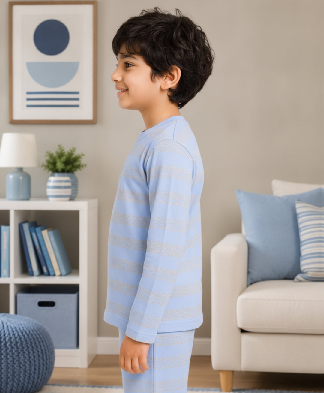 Sky Grey Melange Stripes Boys Long Sleeve T-Shirt - Skygrey