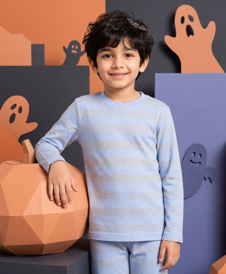 Sky Grey Melange Stripes Boys Long Sleeve T-Shirt - Skygrey