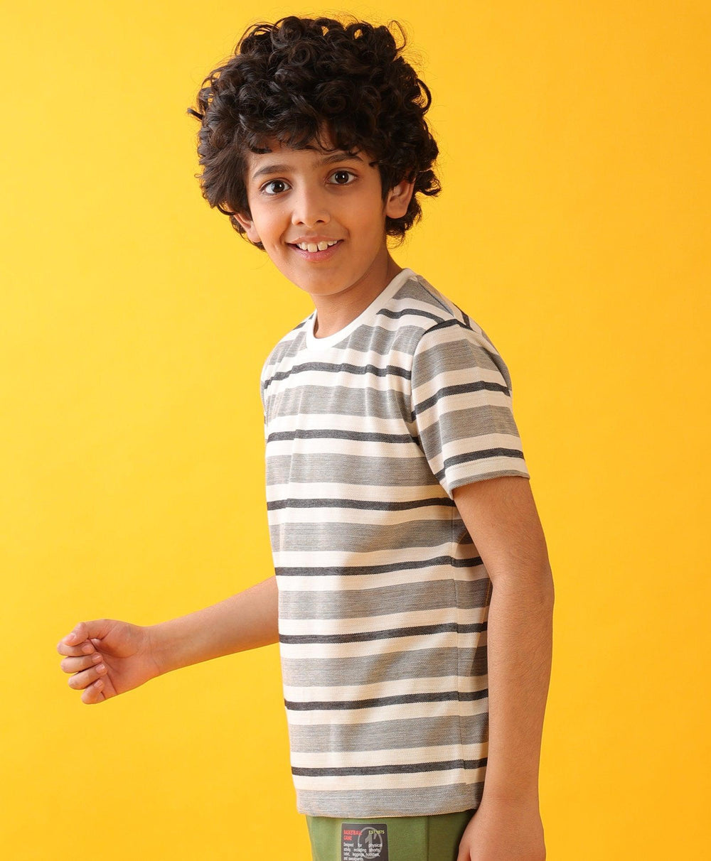 BLACK WHITE GREY STRIPE BOYS SHORT SLEEVE T-SHIRT- WHITE - Anthrilo 