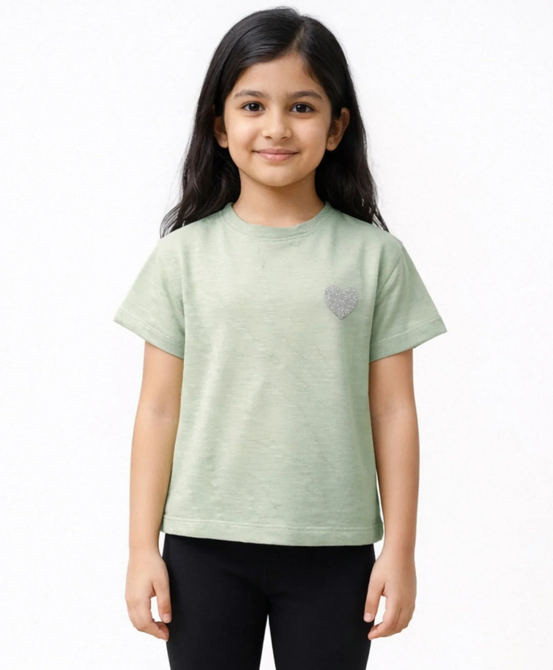 Green Silver Heart Summer Girls Short Sleeve T-Shirt - Green