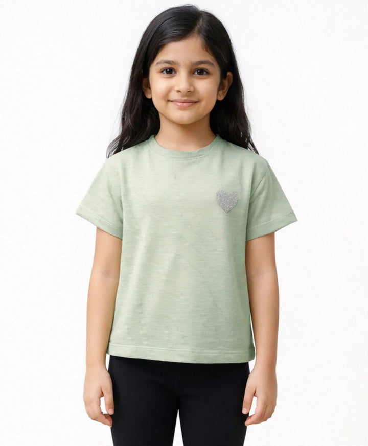 Green Silver Heart Summer Girls Short Sleeve T-Shirt - Green