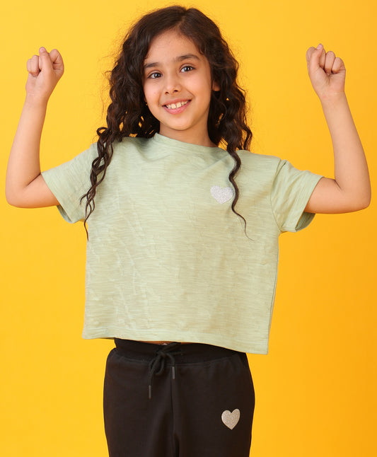 GREEN SILVER HEART SUMMER GIRLS SHORT SLEEVE T-SHIRT - GREEN