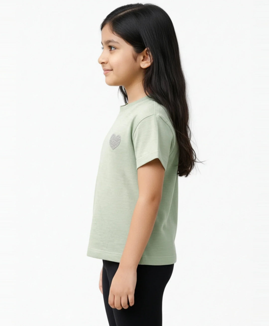 Green Silver Heart Summer Girls Short Sleeve T-Shirt - Green