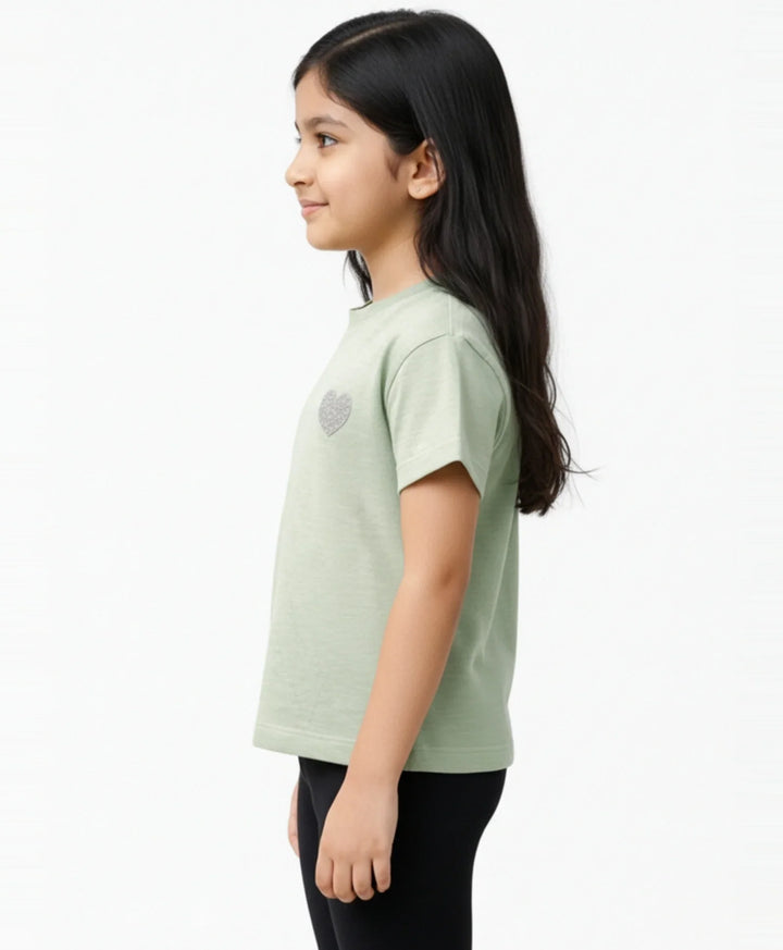 Green Silver Heart Summer Girls Short Sleeve T-Shirt - Green