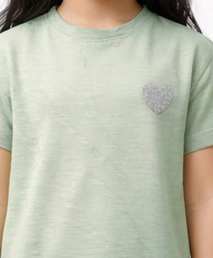 Green Silver Heart Summer Girls Short Sleeve T-Shirt - Green