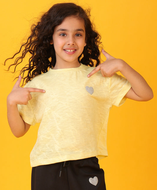 YELLOW SILVER HEART SUMMER GIRLS SHORT SLEEVE T-SHIRT - YELLOW