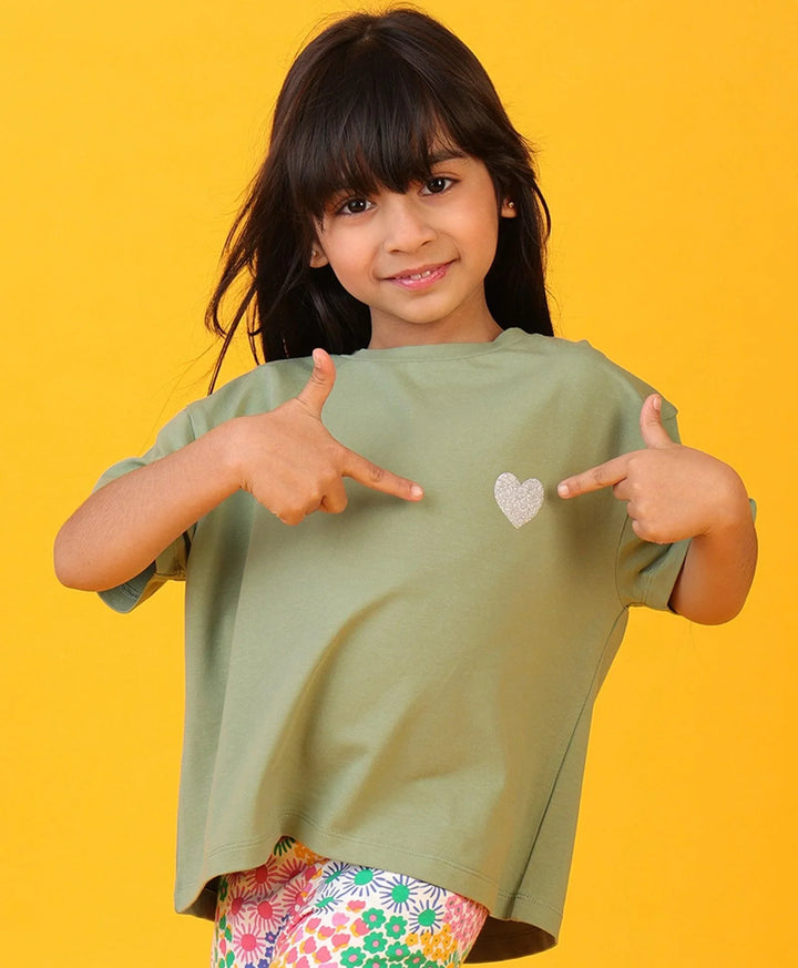 SILVER HEART LIGHT OLIVE SUMMER GIRLS T-SHIRT -LT OLIVE - Anthrilo 