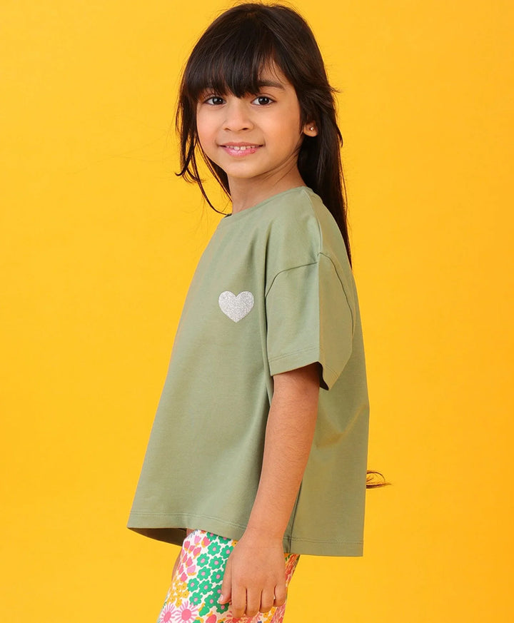 SILVER HEART LIGHT OLIVE SUMMER GIRLS T-SHIRT -LT OLIVE - Anthrilo 