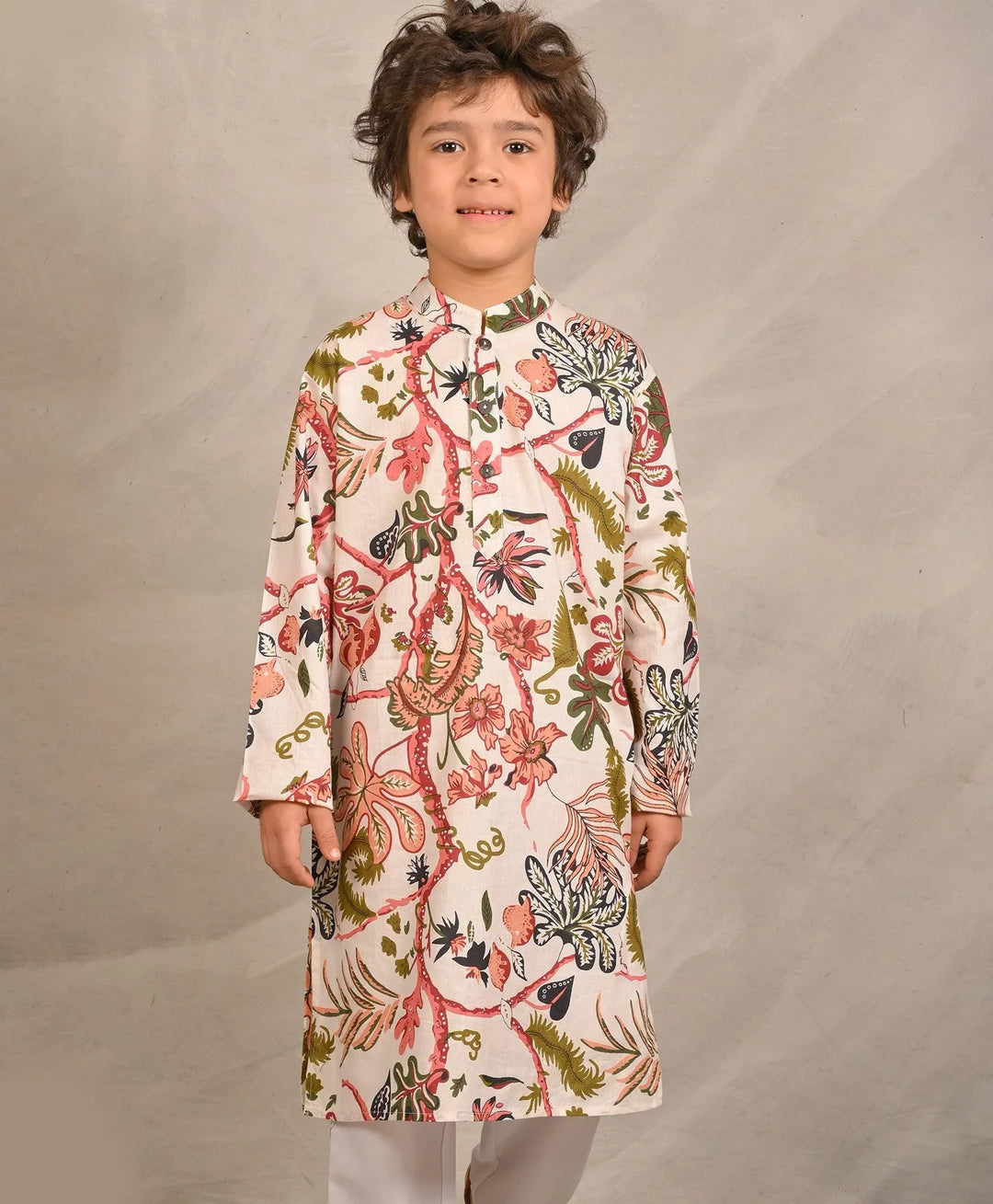 BEIGE FLORAL PRINT PURE COTTON KURTA - BEIGE