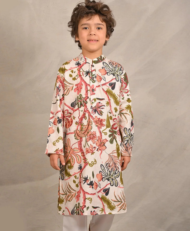BEIGE FLORAL PRINT PURE COTTON KURTA - BEIGE