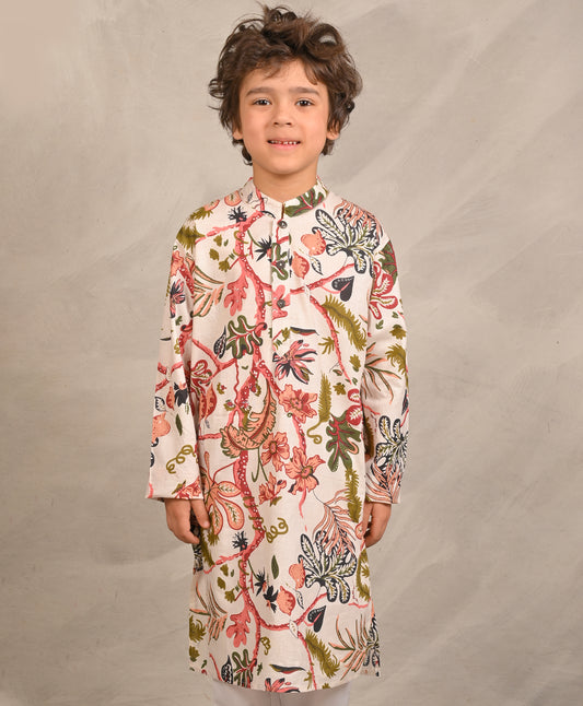 BEIGE FLORAL PRINT PURE COTTON KURTA - BEIGE