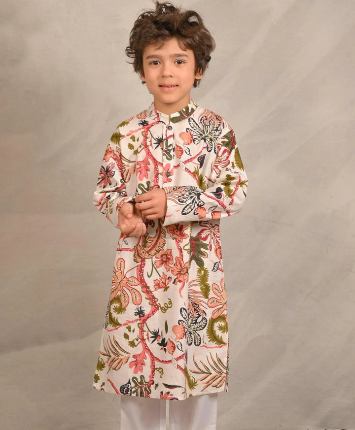 BEIGE FLORAL PRINT PURE COTTON KURTA - BEIGE