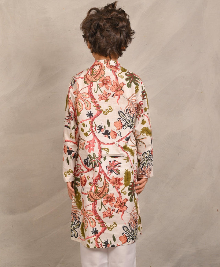 BEIGE FLORAL PRINT PURE COTTON KURTA - BEIGE