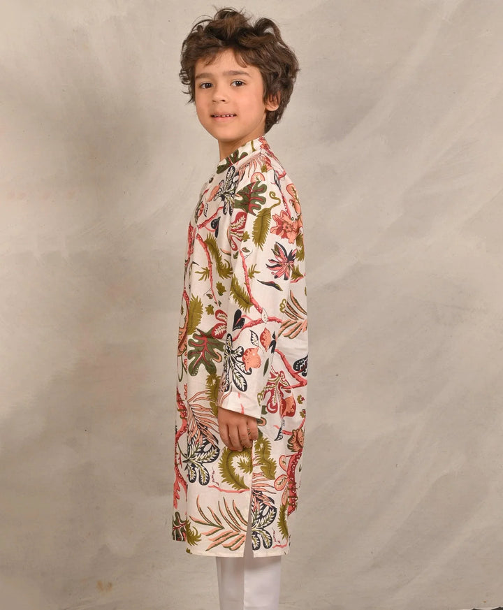 BEIGE FLORAL PRINT PURE COTTON KURTA - BEIGE