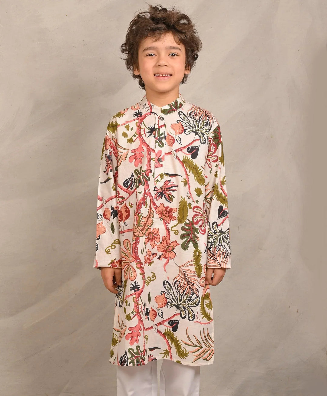 BEIGE FLORAL PRINT PURE COTTON KURTA - BEIGE