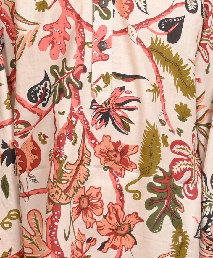 BEIGE FLORAL PRINT PURE COTTON KURTA - BEIGE