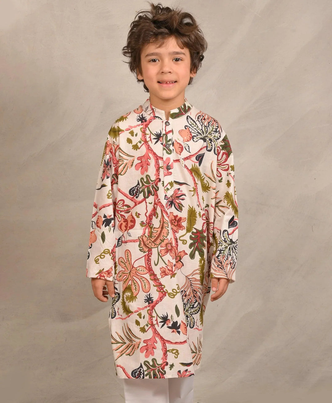 BEIGE FLORAL PRINT PURE COTTON KURTA - BEIGE