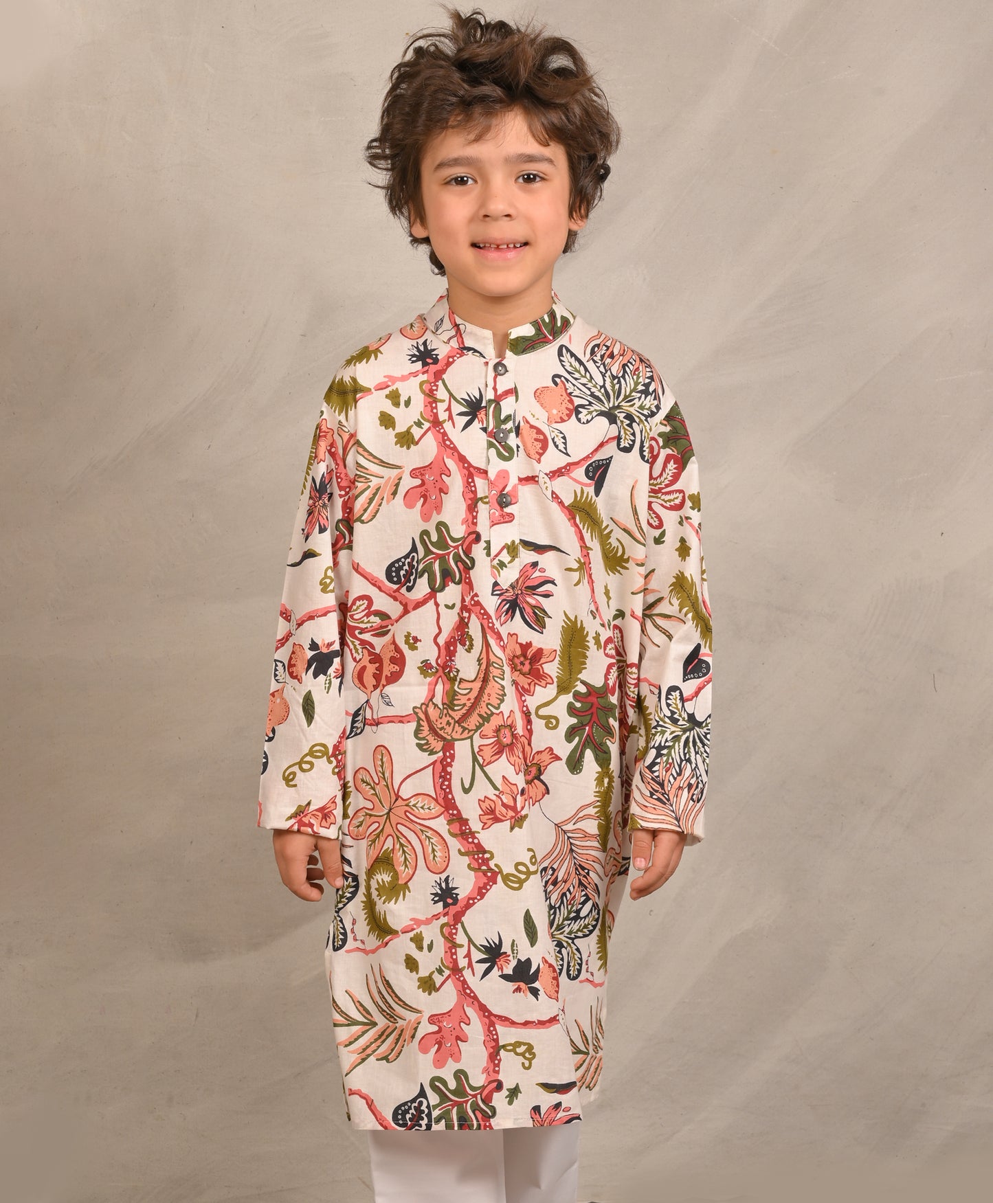 BEIGE FLORAL PRINT PURE COTTON KURTA - BEIGE