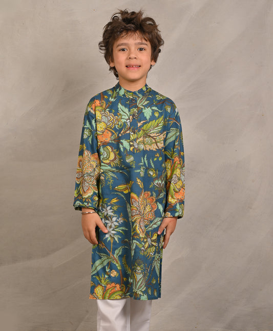 BLUE BLOCK PRINTED PURE COTTON KURTA - BLUE