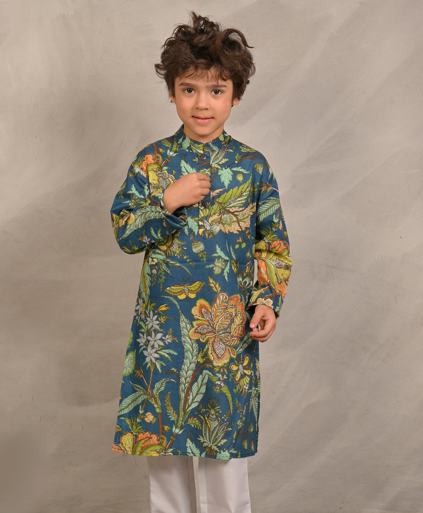 BLUE BLOCK PRINTED PURE COTTON KURTA - BLUE