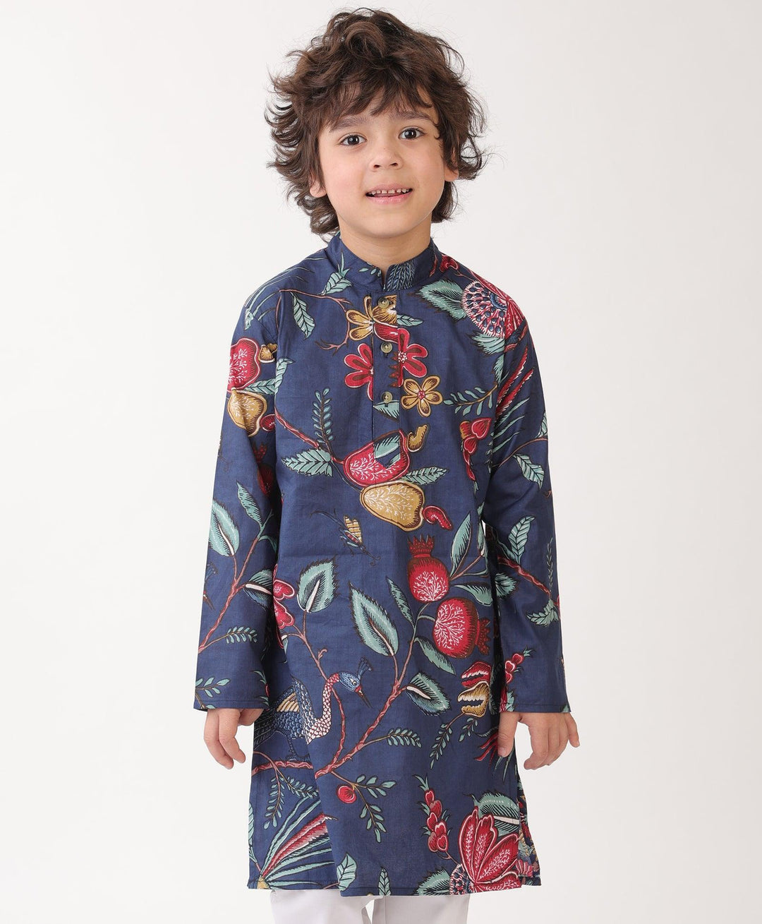 BLUE FLORAL PRINT PURE COTTON KURTA - BLUE