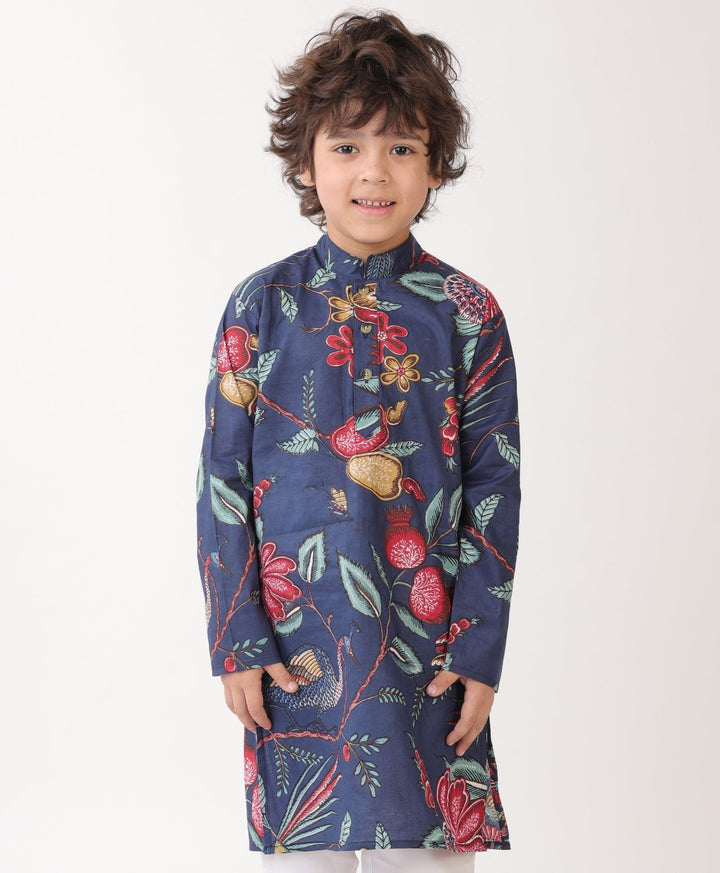 BLUE FLORAL PRINT PURE COTTON KURTA - BLUE