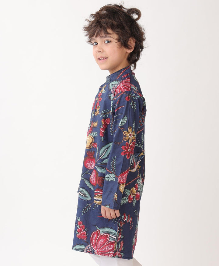 BLUE FLORAL PRINT PURE COTTON KURTA - BLUE