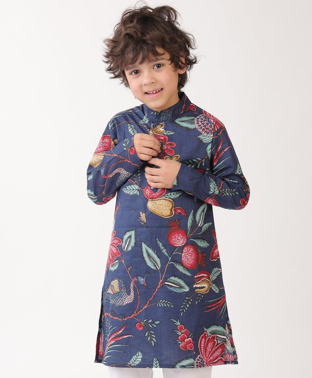 BLUE FLORAL PRINT PURE COTTON KURTA - BLUE