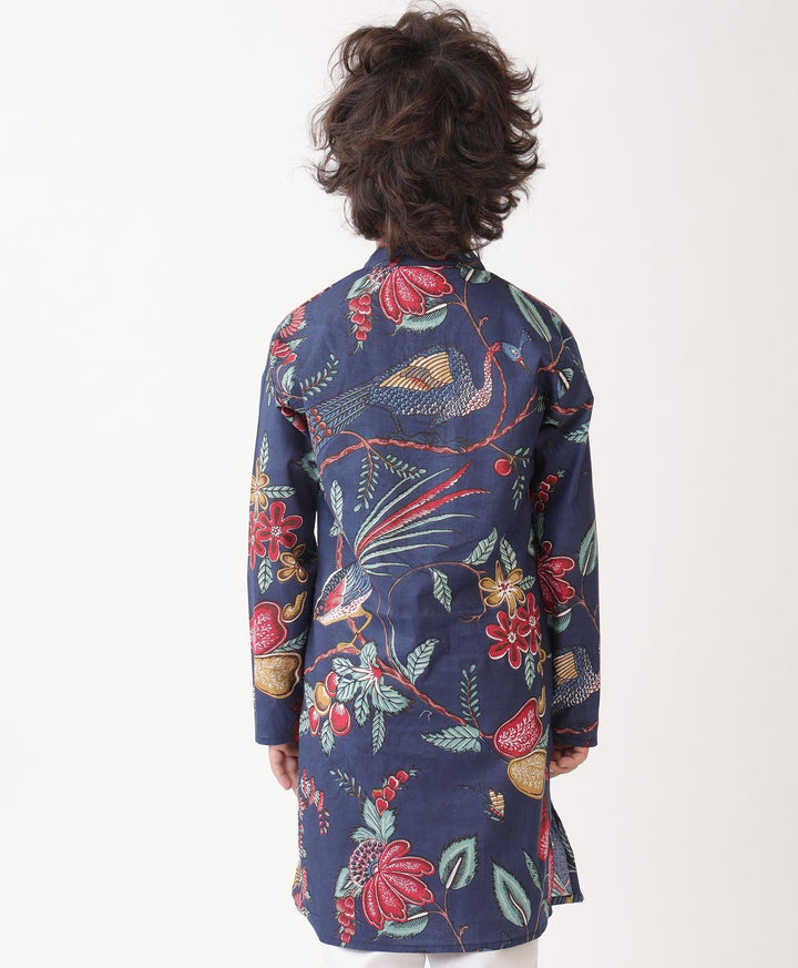 BLUE FLORAL PRINT PURE COTTON KURTA - BLUE