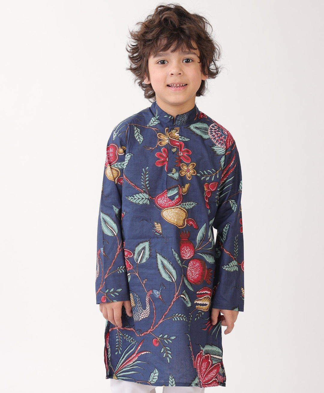 BLUE FLORAL PRINT PURE COTTON KURTA - BLUE