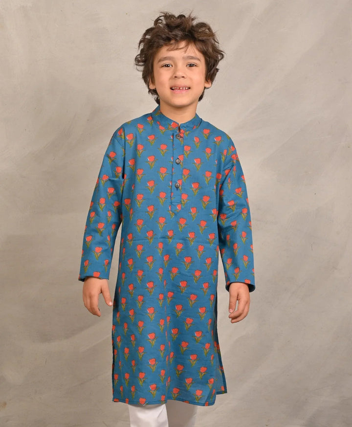 BLUE TULIP PRINT PURE COTTON KURTA - BLUE