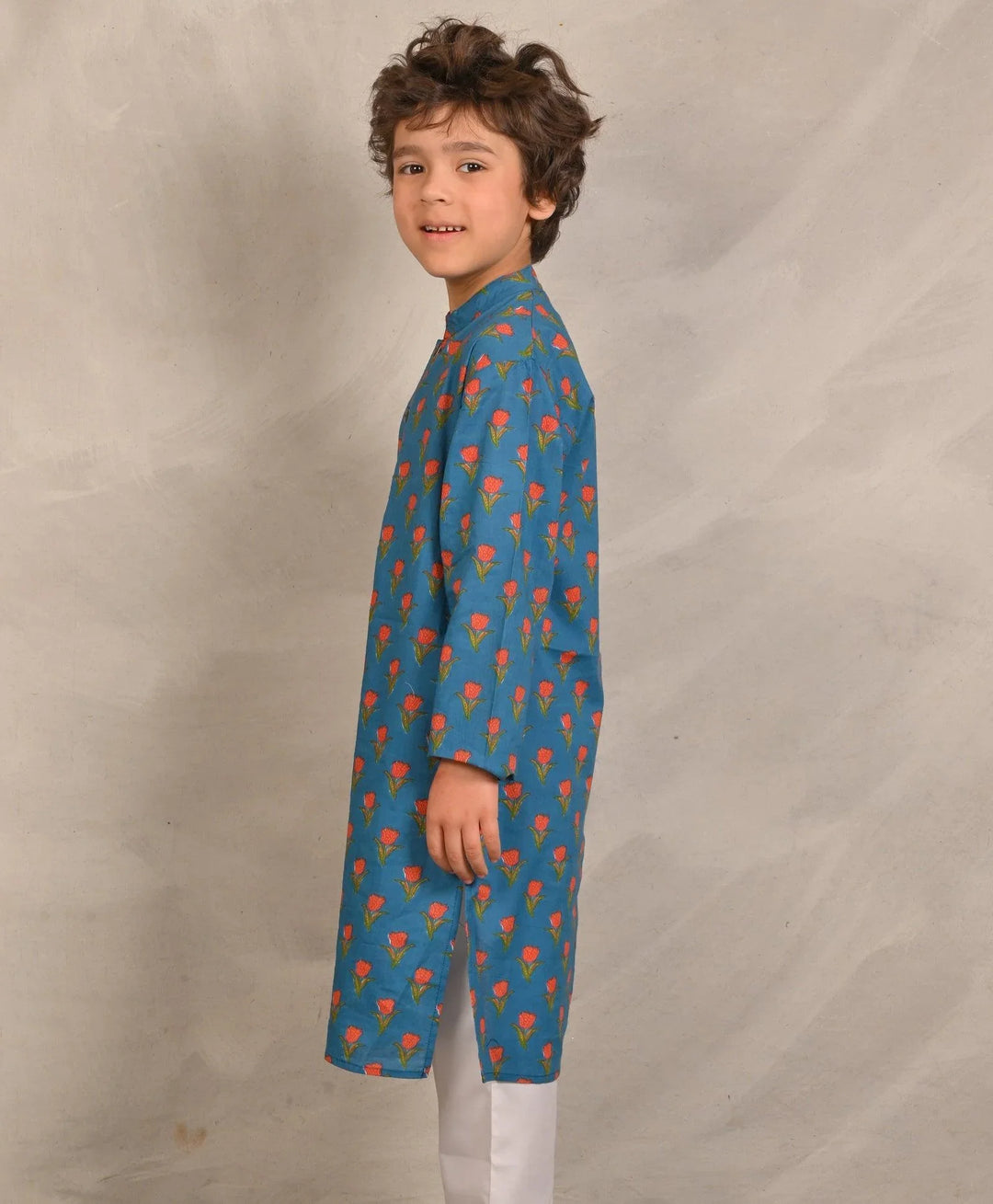 BLUE TULIP PRINT PURE COTTON KURTA - BLUE