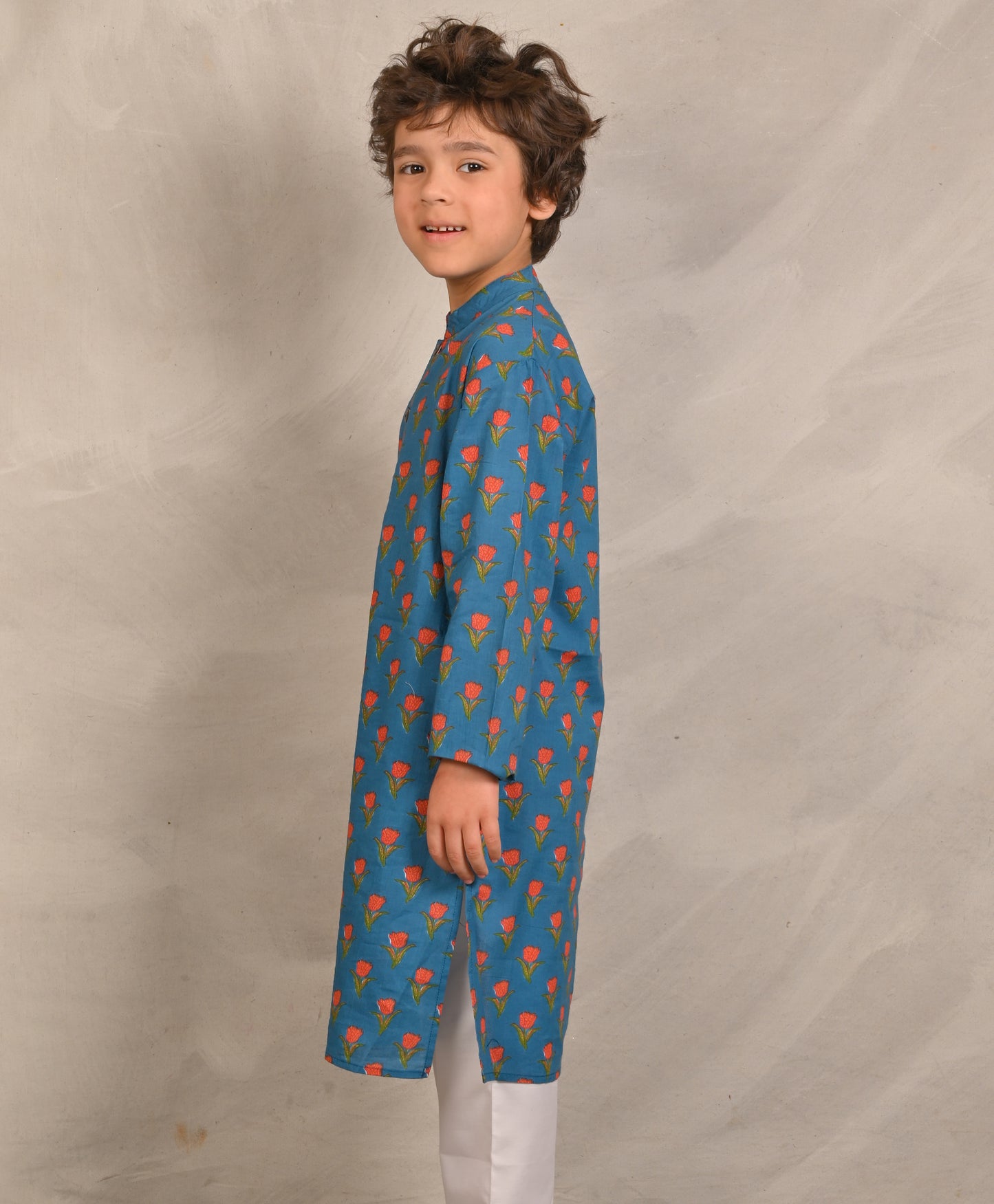 BLUE TULIP PRINT PURE COTTON KURTA - BLUE