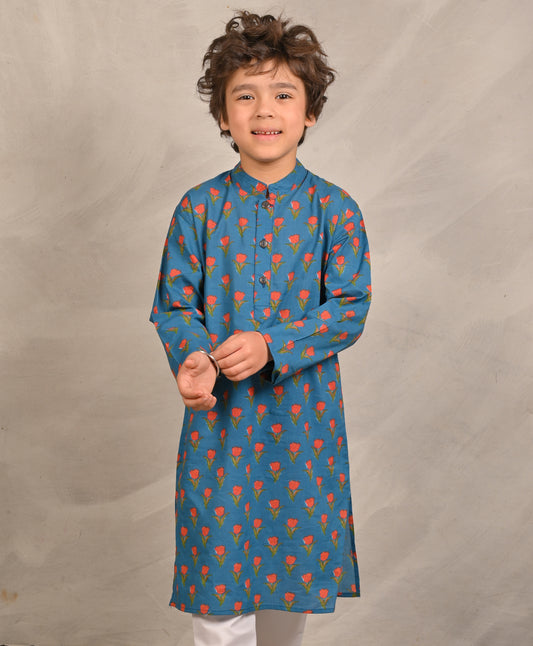 BLUE TULIP PRINT PURE COTTON KURTA - BLUE