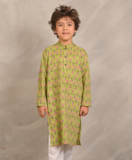 GREEN BLOCK PRINT PURE COTTON KURTA  - GREEN