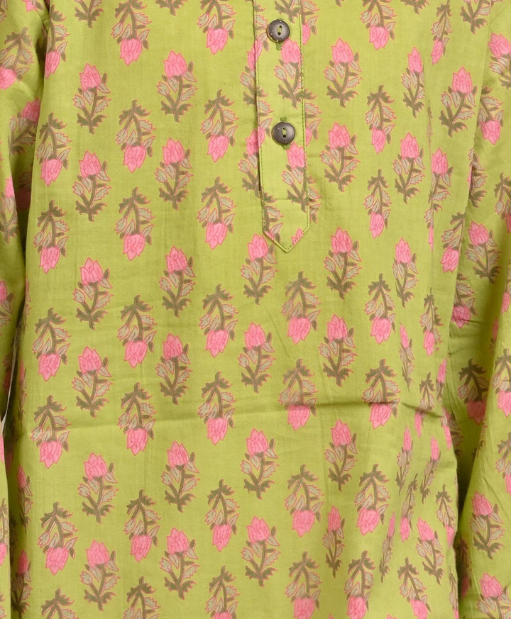GREEN BLOCK PRINT PURE COTTON KURTA  - GREEN