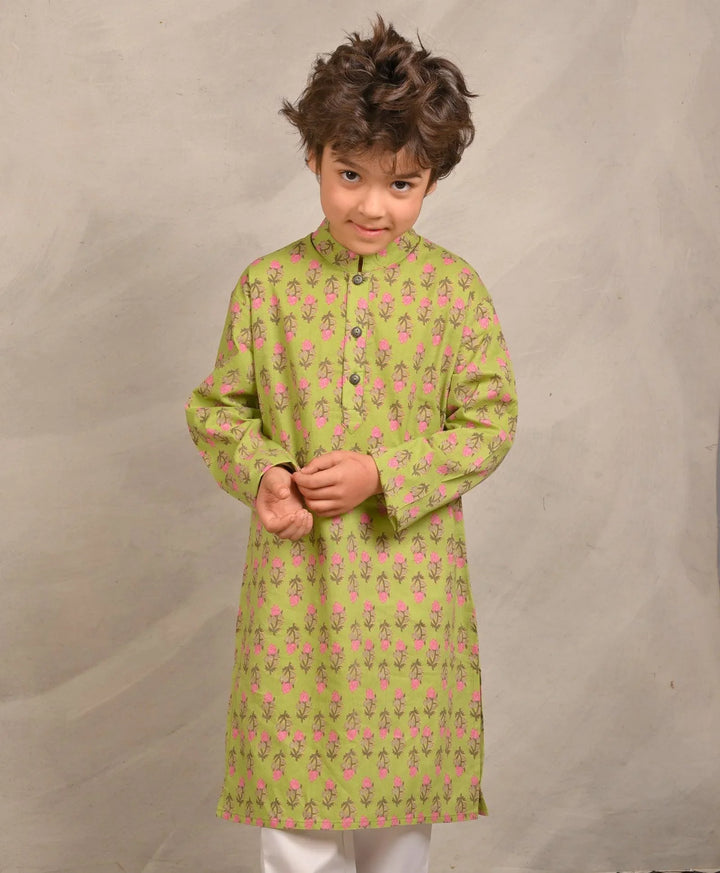 GREEN BLOCK PRINT PURE COTTON KURTA  - GREEN